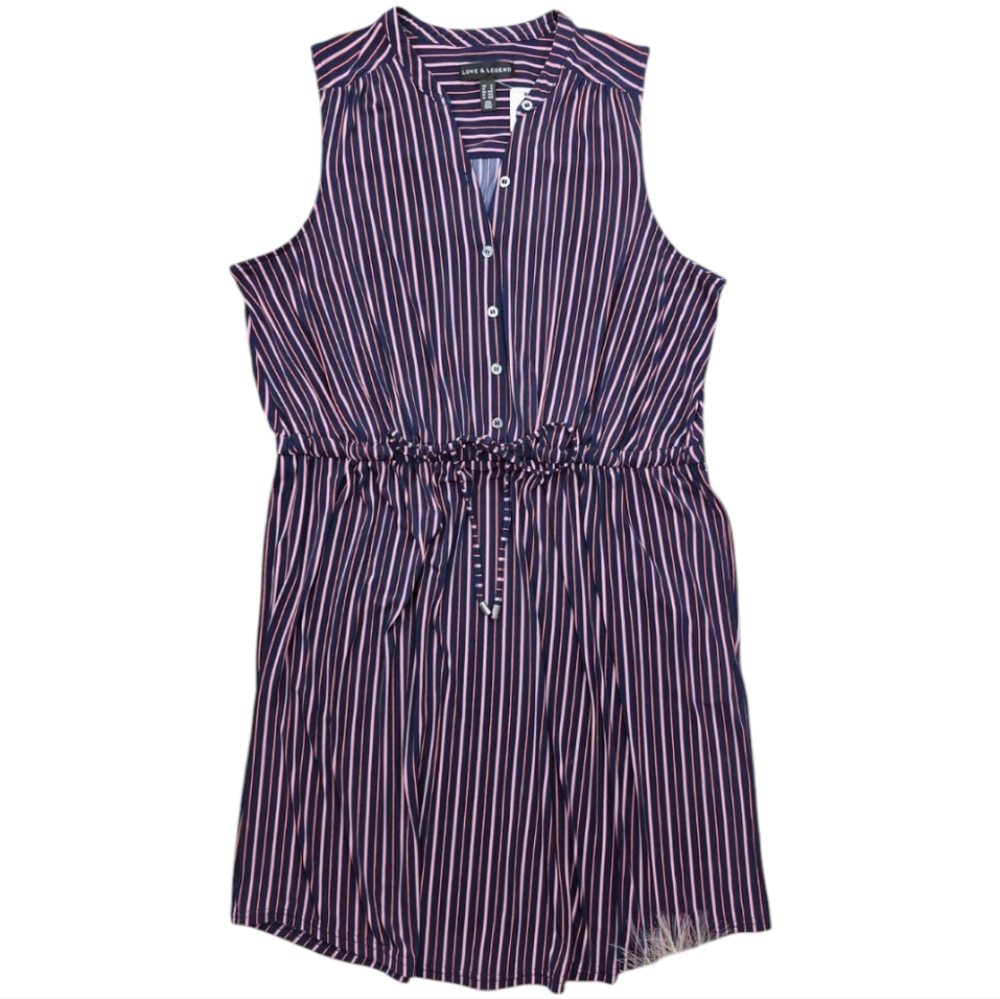 Love & Legend Size 1X Sleeveless Blue & Pink Striped Shirtdress